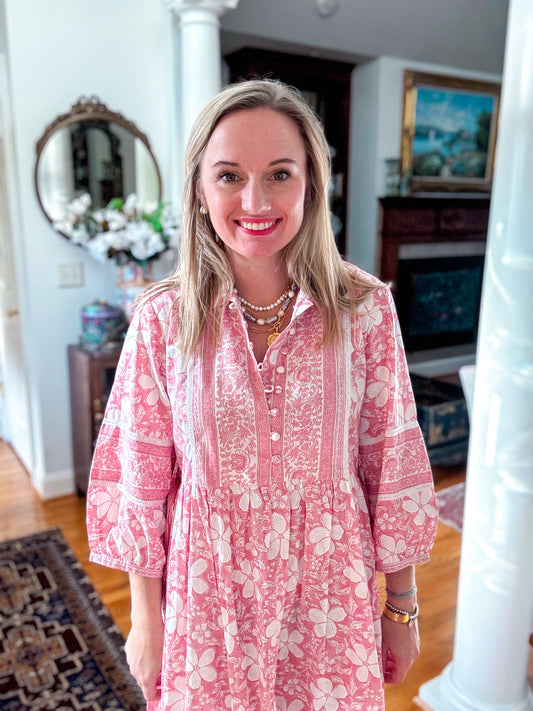 *Preorder* Block Print Dress: Short Pink