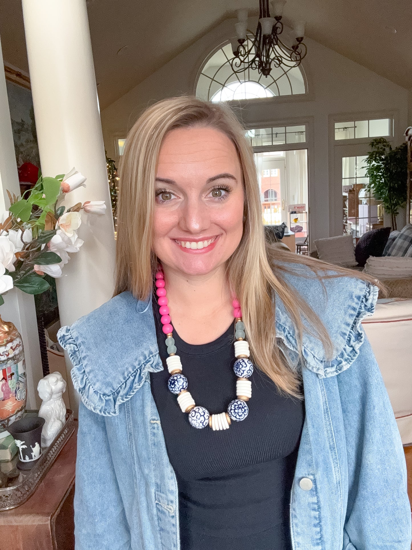 Wood Bead & Chinoiserie Necklace