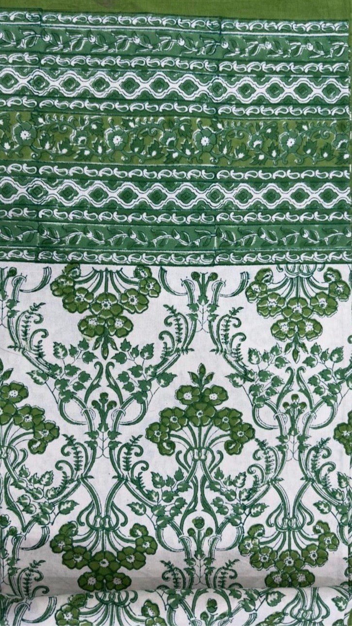 Block Print Tablecloth- Green & White