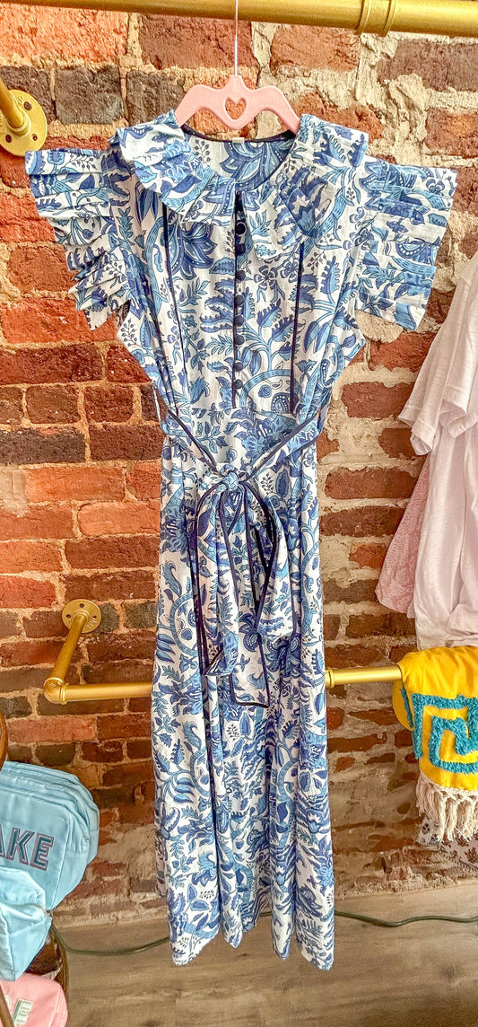 *Preorder* Block Print Dress: Navy Flutter Sleeve