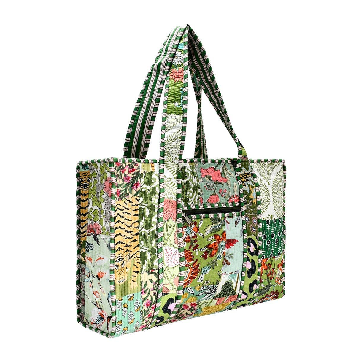 Block Print Tote Bag- Green Patchwork