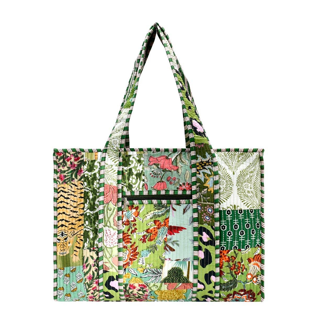 Block Print Tote Bag- Green Patchwork