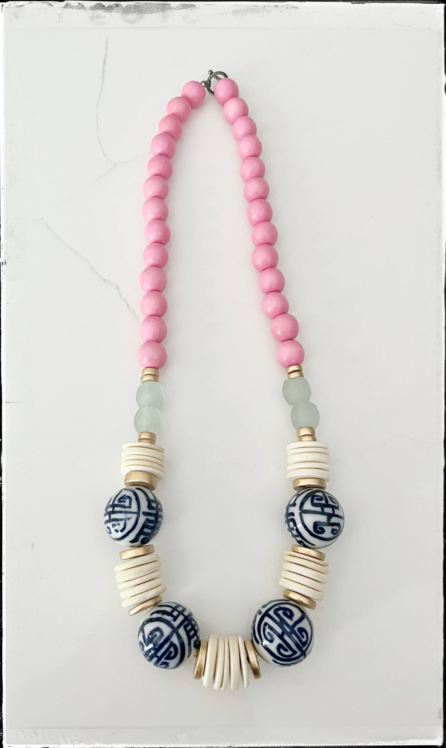 Wood Bead & Chinoiserie Necklace