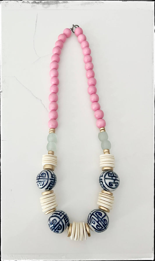 Wood Bead & Chinoiserie Necklace