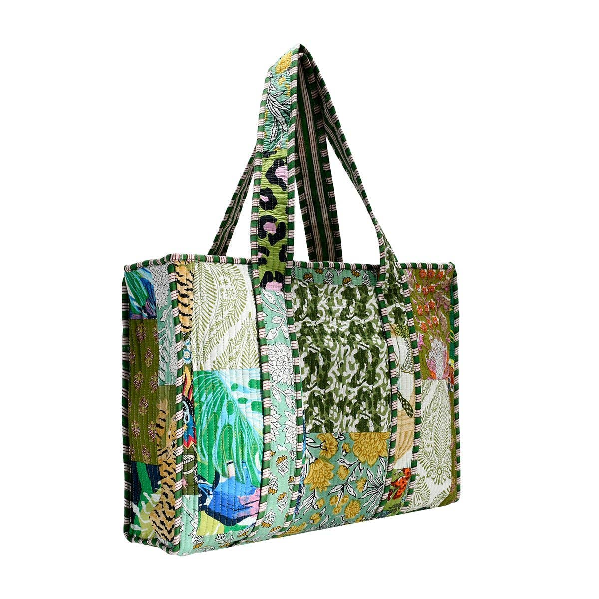 Block Print Tote Bag- Green Patchwork
