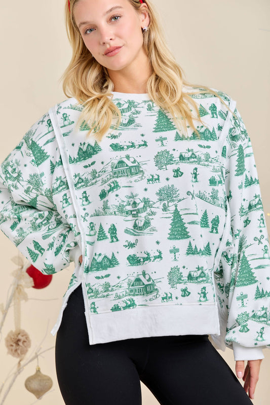 Green Toile Christmas Village Sweatshirt