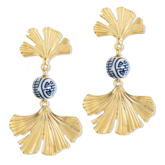 Gold Ginkgo Leaf & Porcelain Ball Dangle Earrings