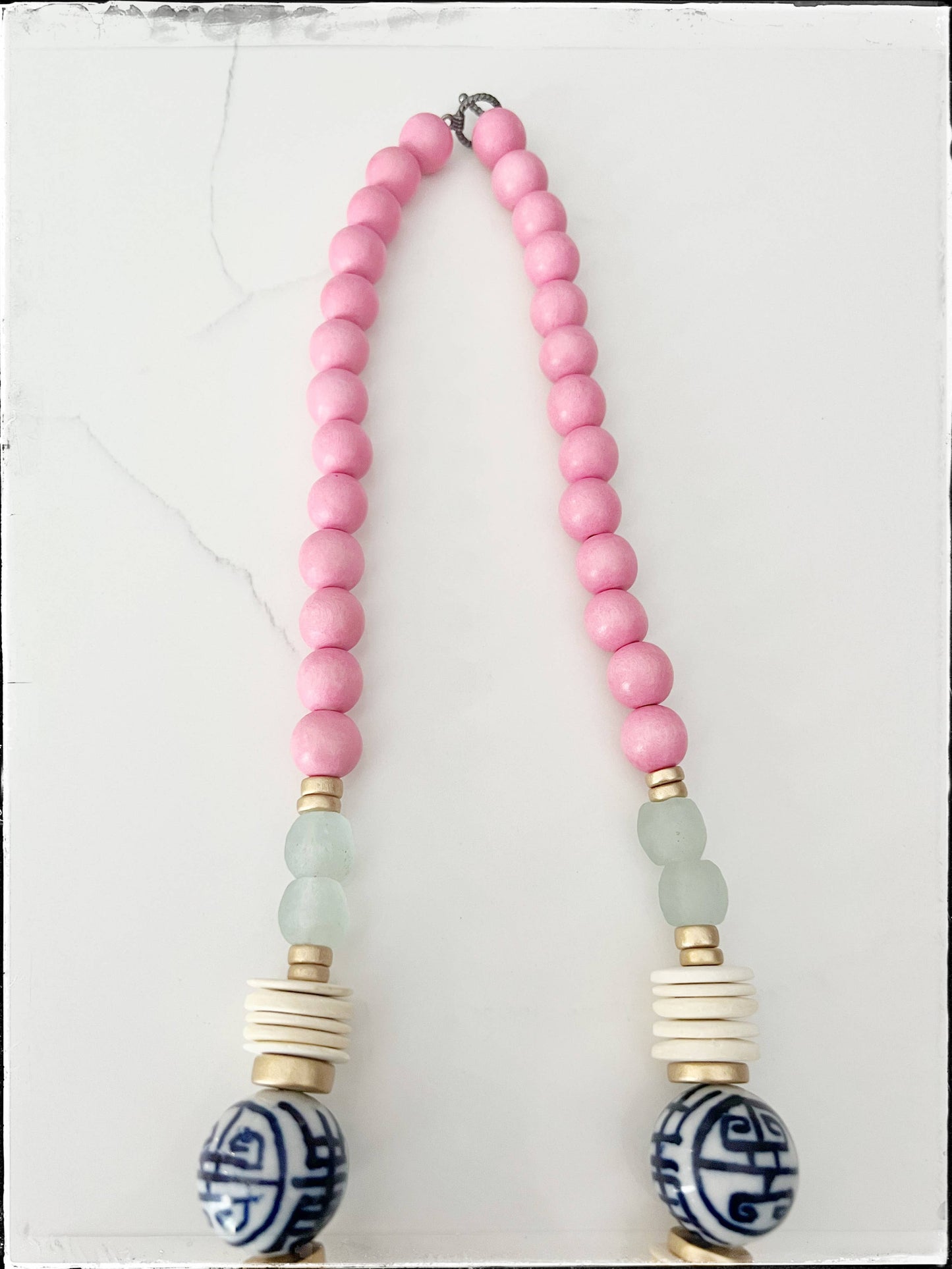 Wood Bead & Chinoiserie Necklace