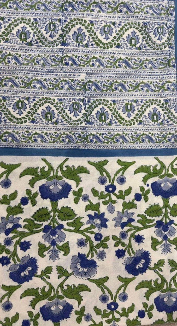 Block Print Tablecloth- Green & Blue