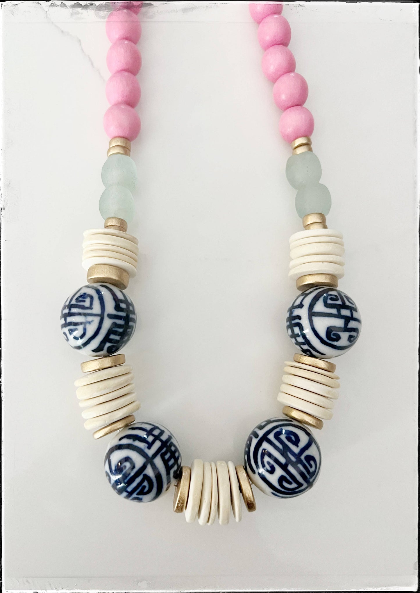 Wood Bead & Chinoiserie Necklace