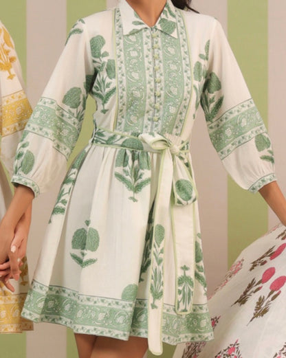 Block Print Dress: Short Green Mughal