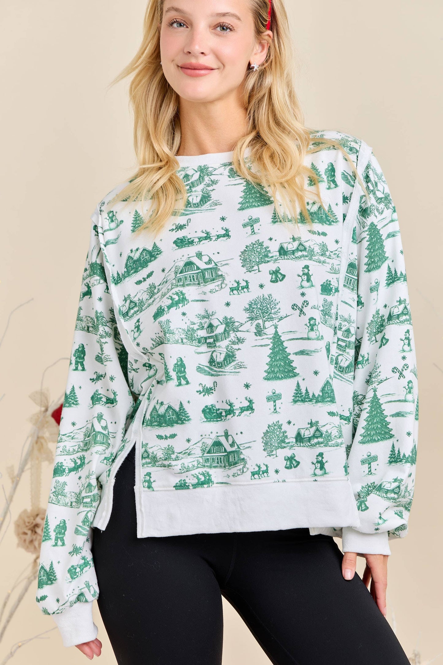 Green Toile Christmas Village Sweatshirt