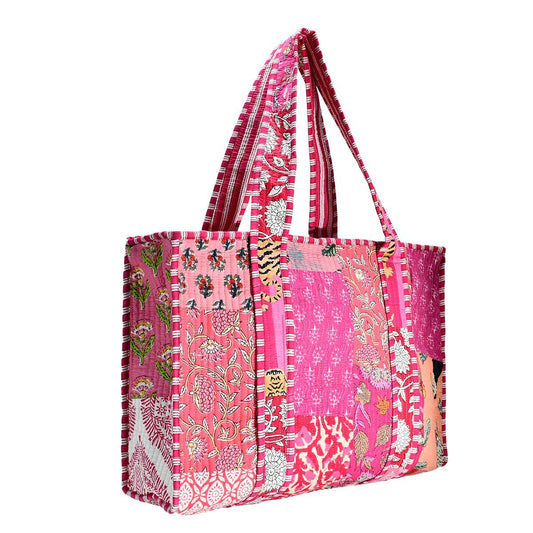Block Print Tote Bag- Pink Patchwork