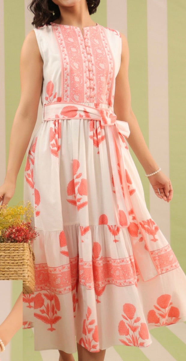 Block Print Dress: Sleeveless Pink Mughal