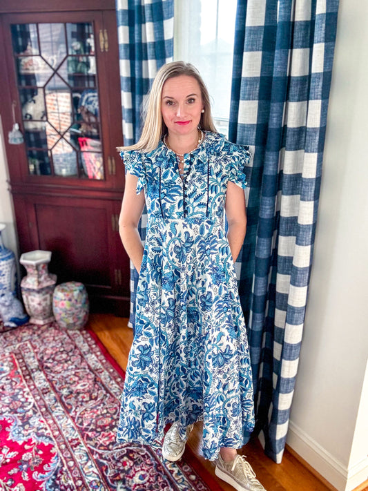 *Preorder* Block Print Dress: Navy Flutter Sleeve
