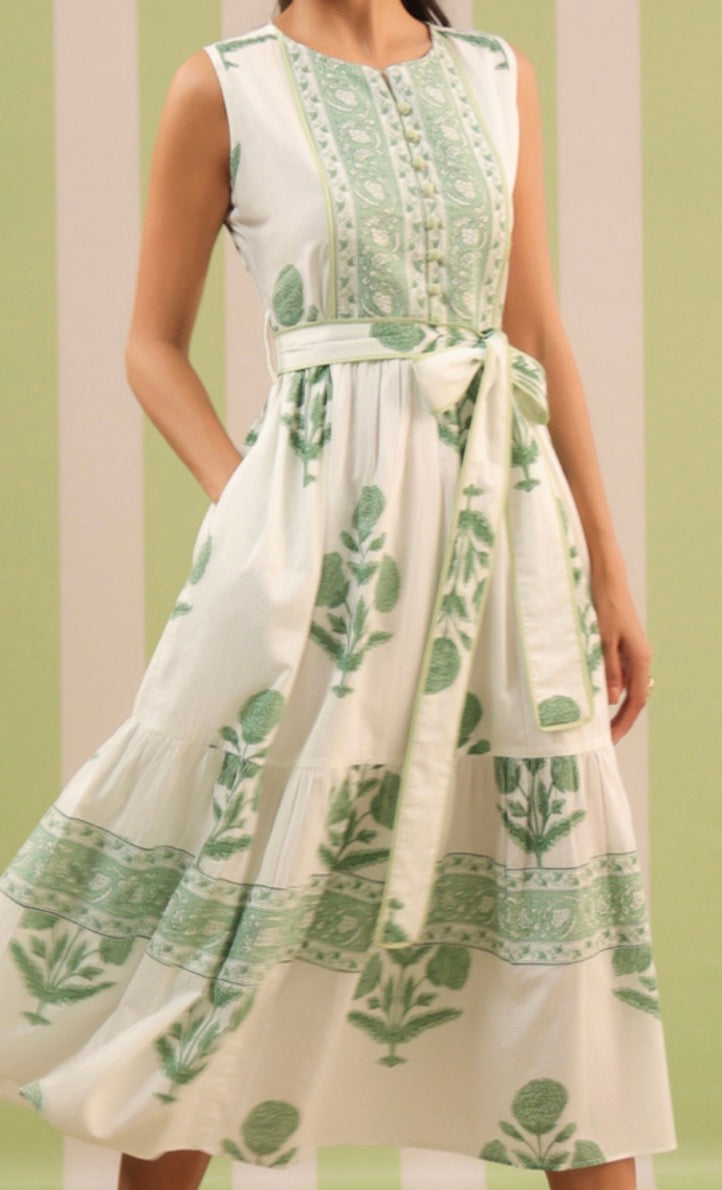 *Preorder* Block Print Dress: Sleeveless Green Mughal