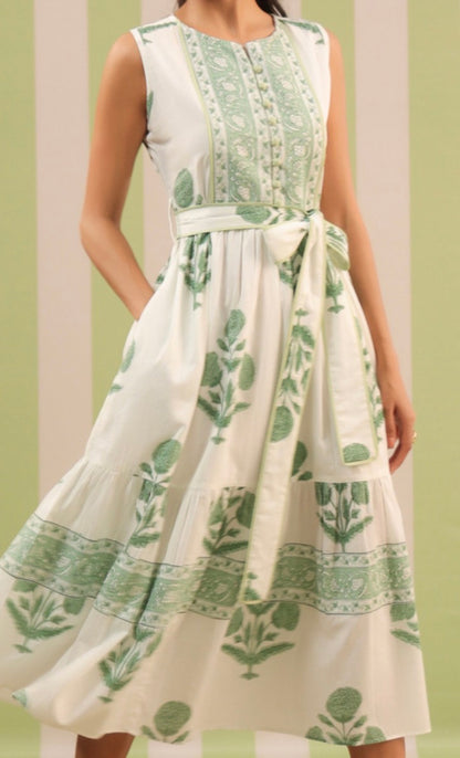 Block Print Dress: Sleeveless Green Mughal