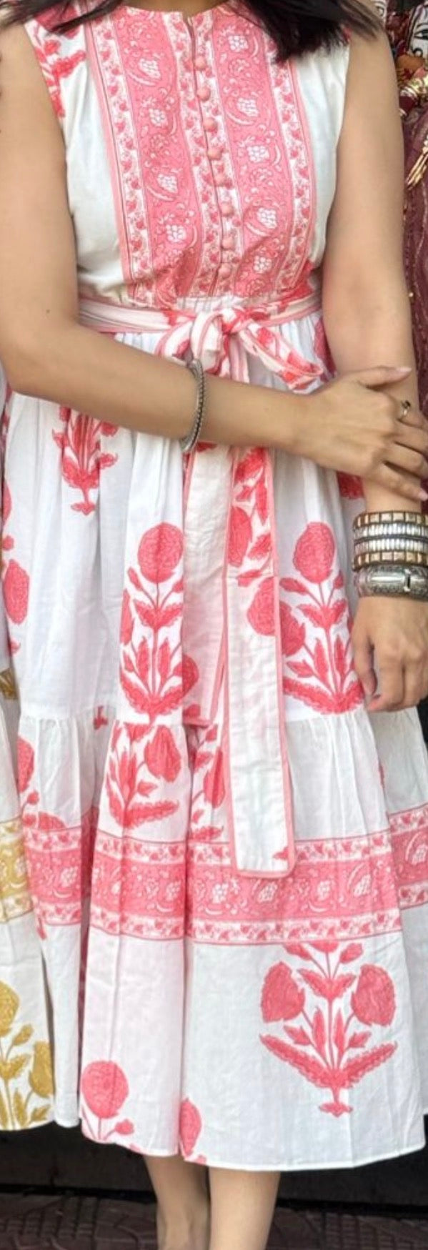 Block Print Dress: Sleeveless Pink Mughal