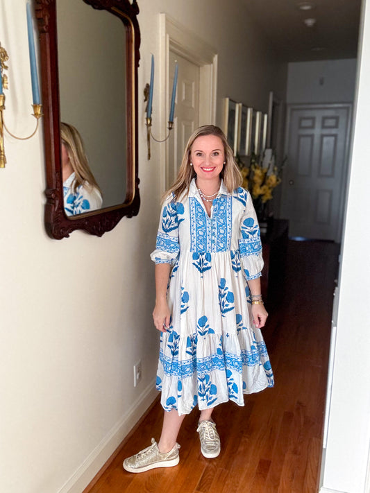 *Preorder* Block Print Dress: Blue Mughal