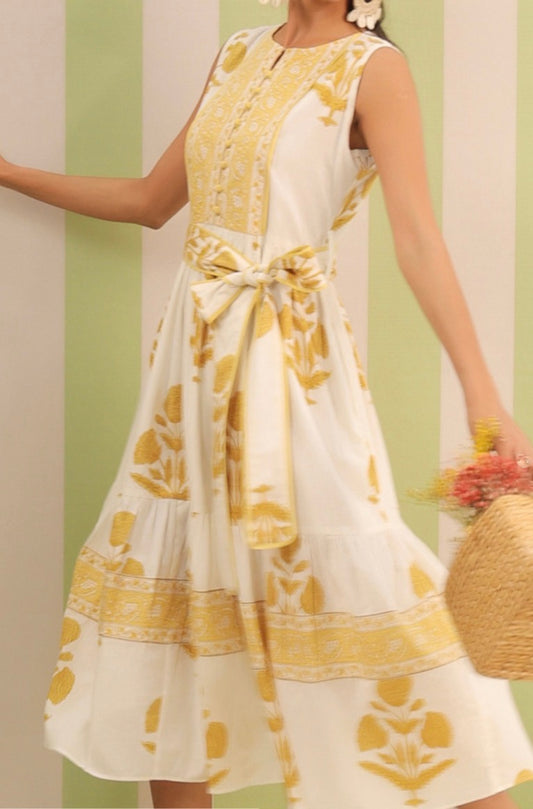 *Preorder* Block Print Dress: Sleeveless Yellow Mughal