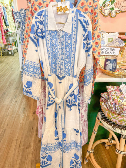 Block Print Dress: Blue Mughal