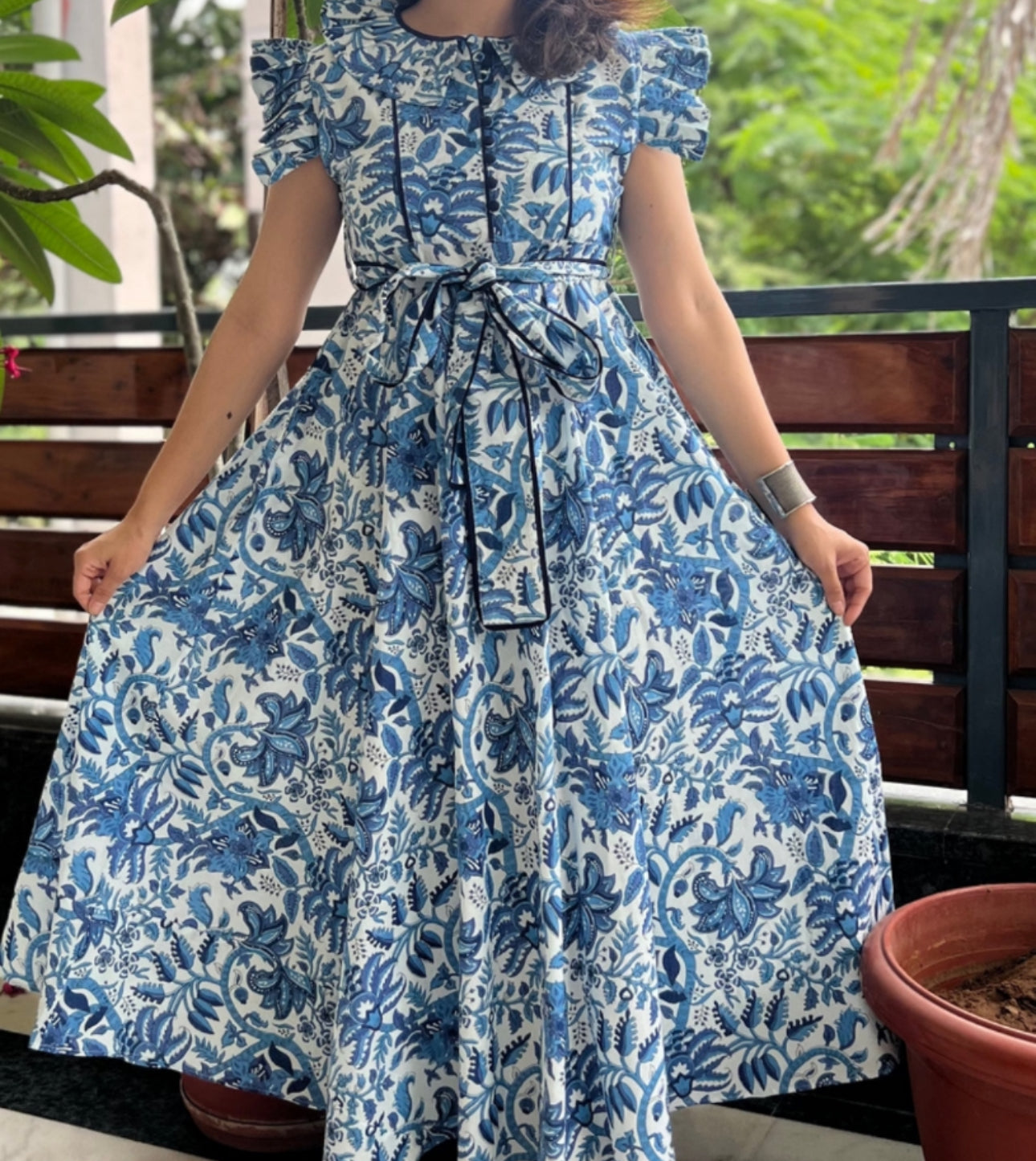 *Preorder* Block Print Dress: Navy Flutter Sleeve