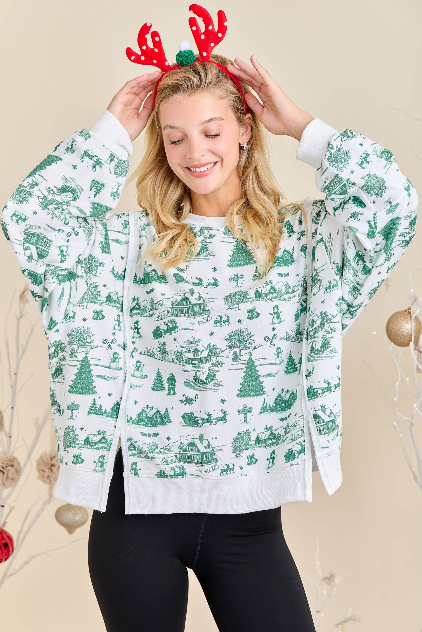 Green Toile Christmas Village Sweatshirt