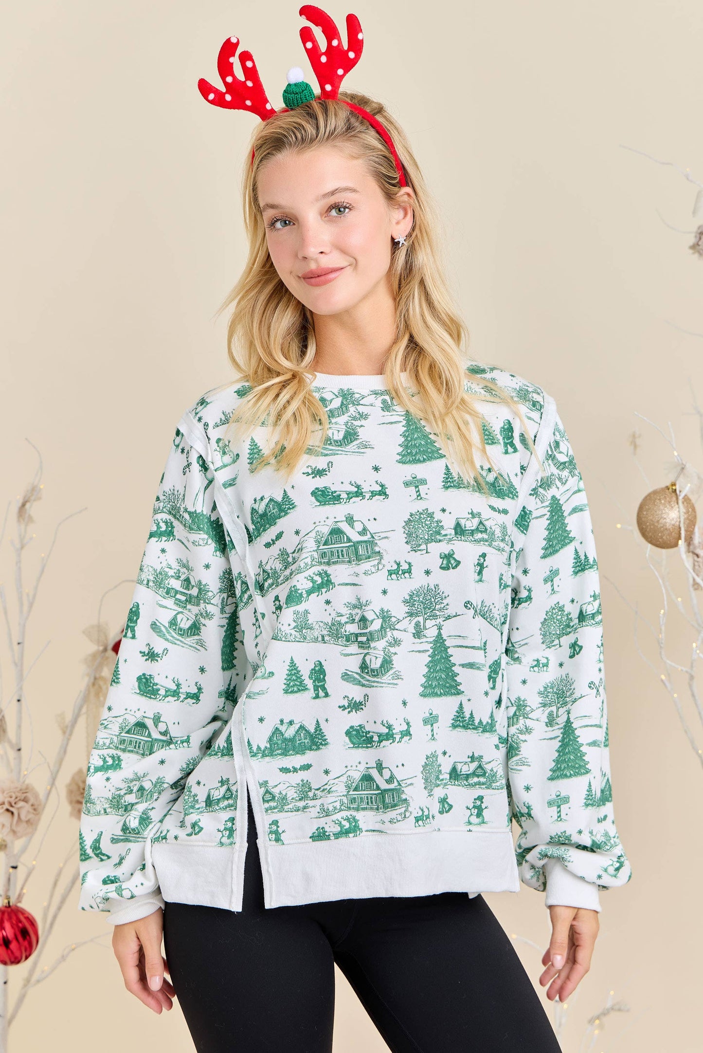 Green Toile Christmas Village Sweatshirt