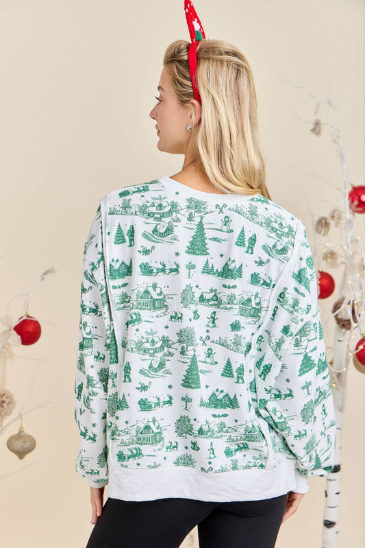Green Toile Christmas Village Sweatshirt