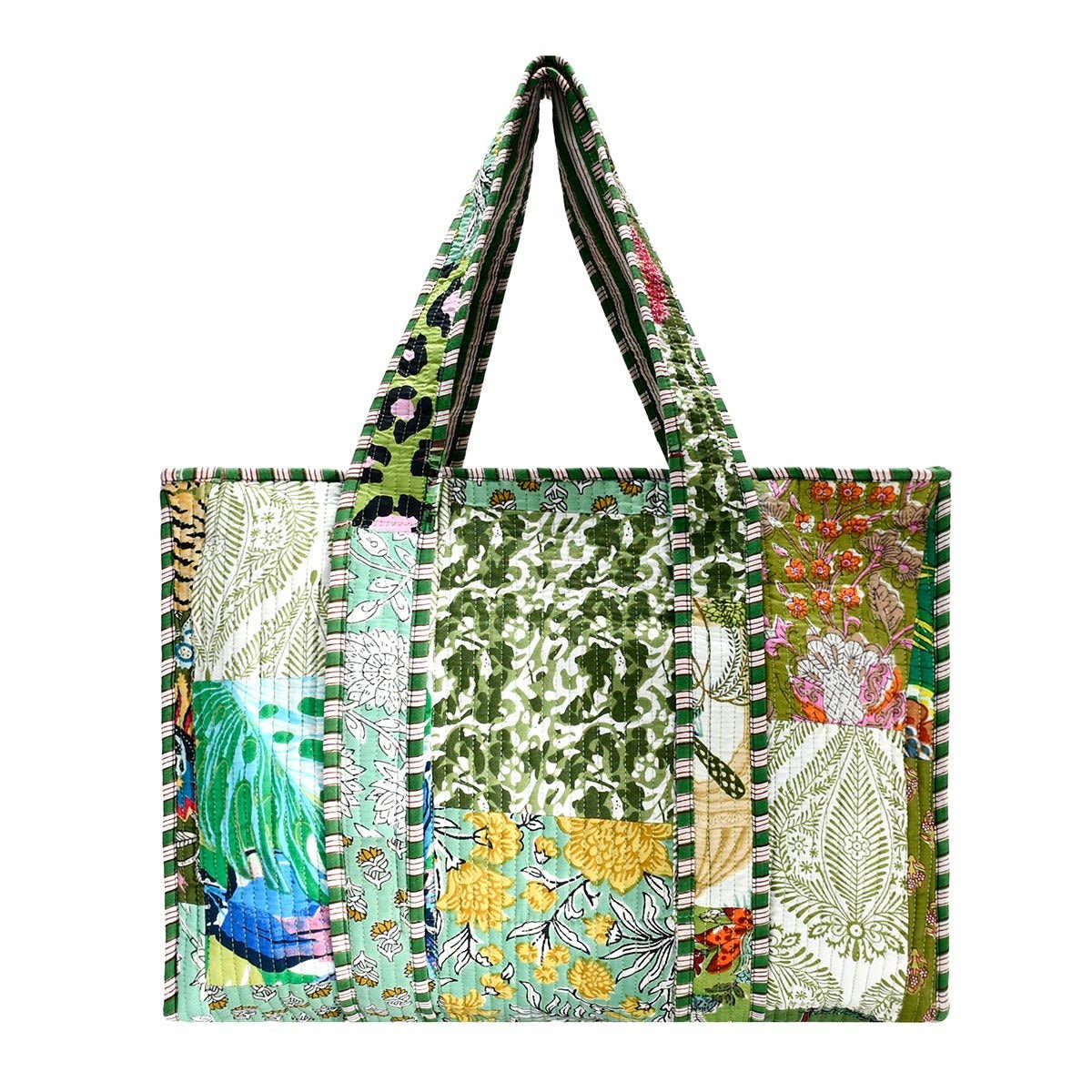 Block Print Tote Bag- Green Patchwork